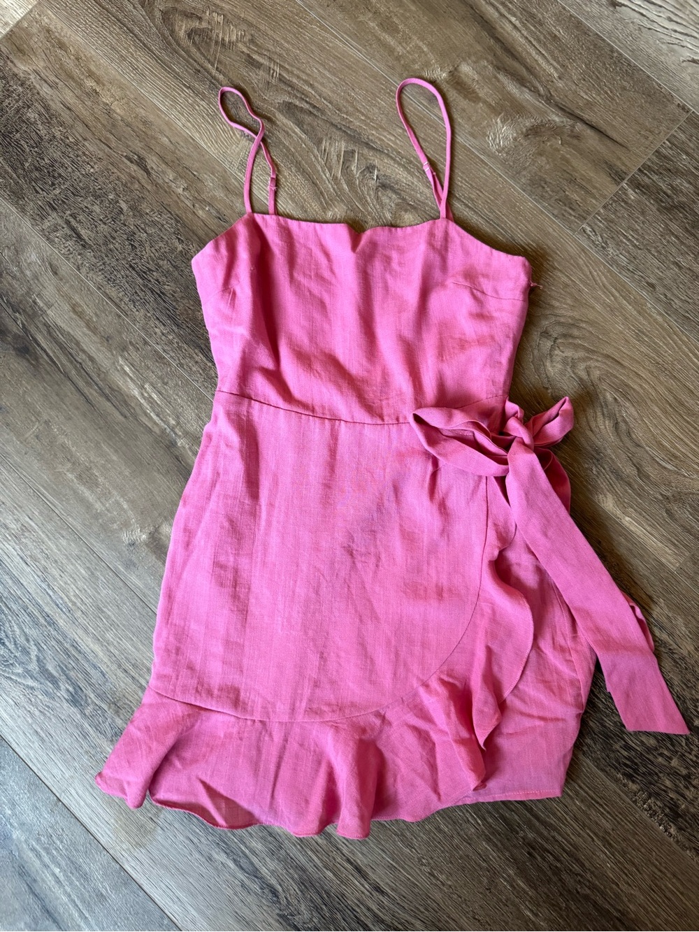 Abbeline Pink Spaghetti-Strap Wrap Ruffle Mini Dress